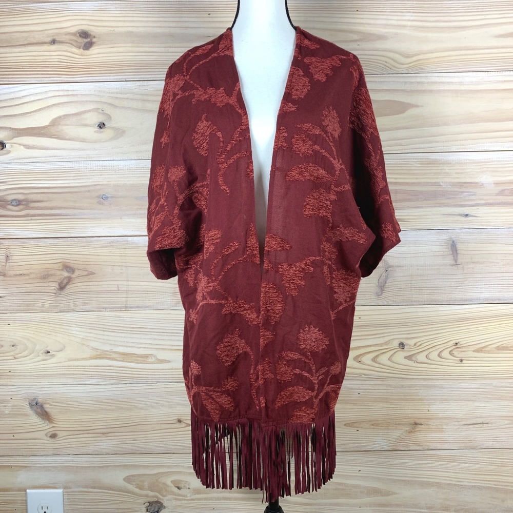 Chico's Kimono Wrap S/M Burgundy Floral Jacquard Fringe Cowgirl Boho